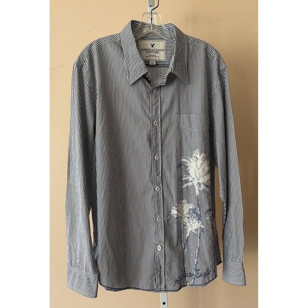 American Eagle Vintage fit Men Print shirt XL Blue White Stripped Palm Tree